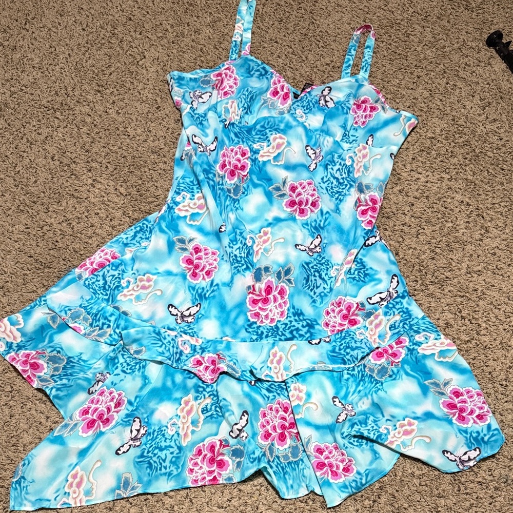 Mlle Gabrielle Aqua Dress with Pink Floral Print